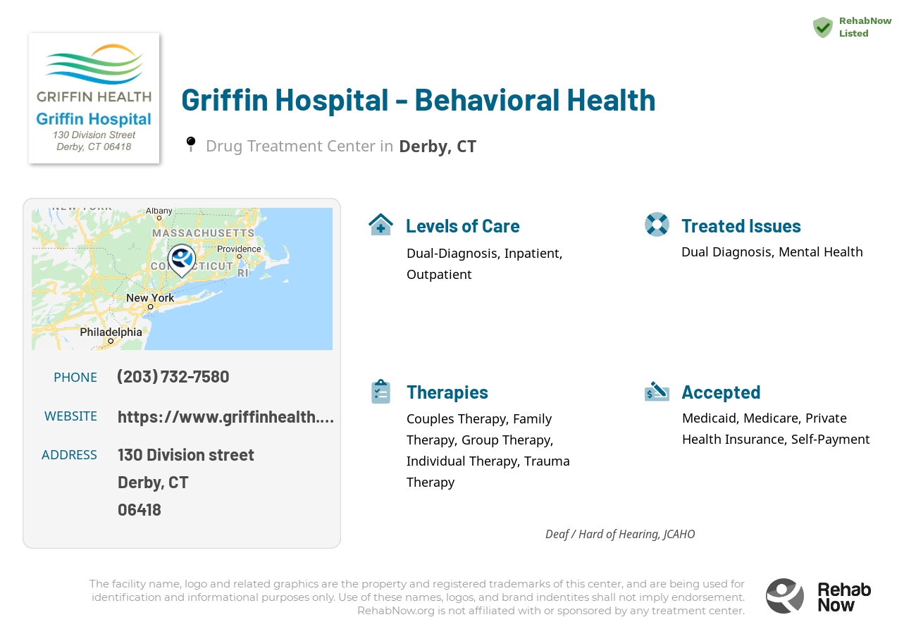 Helpful reference information for Griffin Hospital - Behavioral Health, a drug treatment center in Connecticut located at: 130 Division street, Derby, CT, 06418, including phone numbers, official website, and more. Listed briefly is an overview of Levels of Care, Therapies Offered, Issues Treated, and accepted forms of Payment Methods.