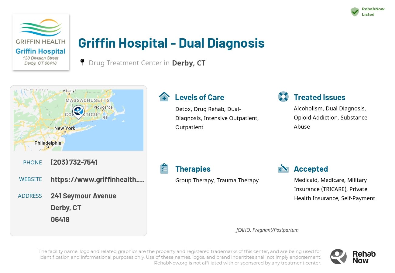 Helpful reference information for Griffin Hospital - Dual Diagnosis, a drug treatment center in Connecticut located at: 241 Seymour Avenue, Derby, CT, 06418, including phone numbers, official website, and more. Listed briefly is an overview of Levels of Care, Therapies Offered, Issues Treated, and accepted forms of Payment Methods.