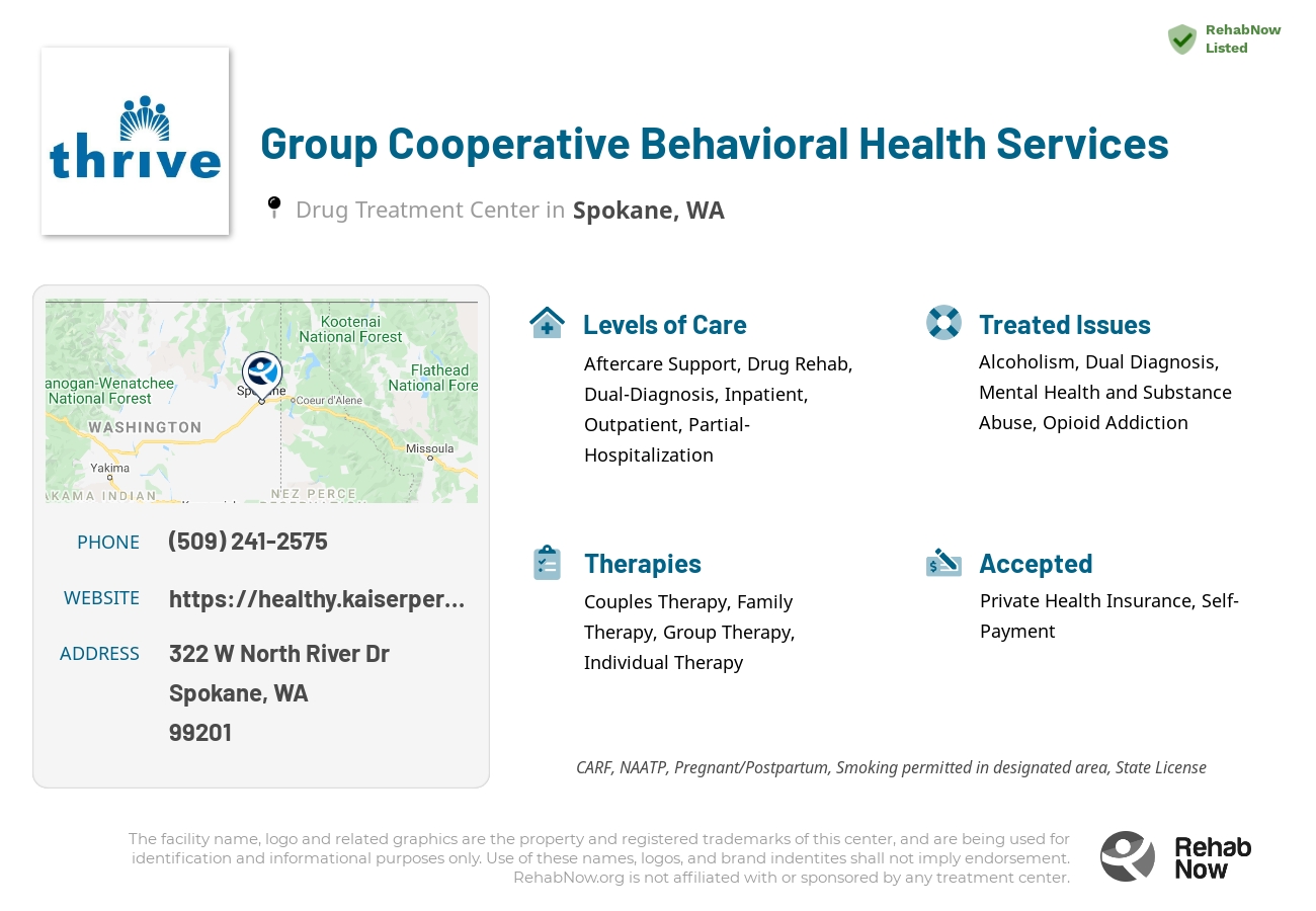 Helpful reference information for Group Cooperative Behavioral Health Services, a drug treatment center in Washington located at: 322 W North River Dr, Spokane, WA 99201, including phone numbers, official website, and more. Listed briefly is an overview of Levels of Care, Therapies Offered, Issues Treated, and accepted forms of Payment Methods.