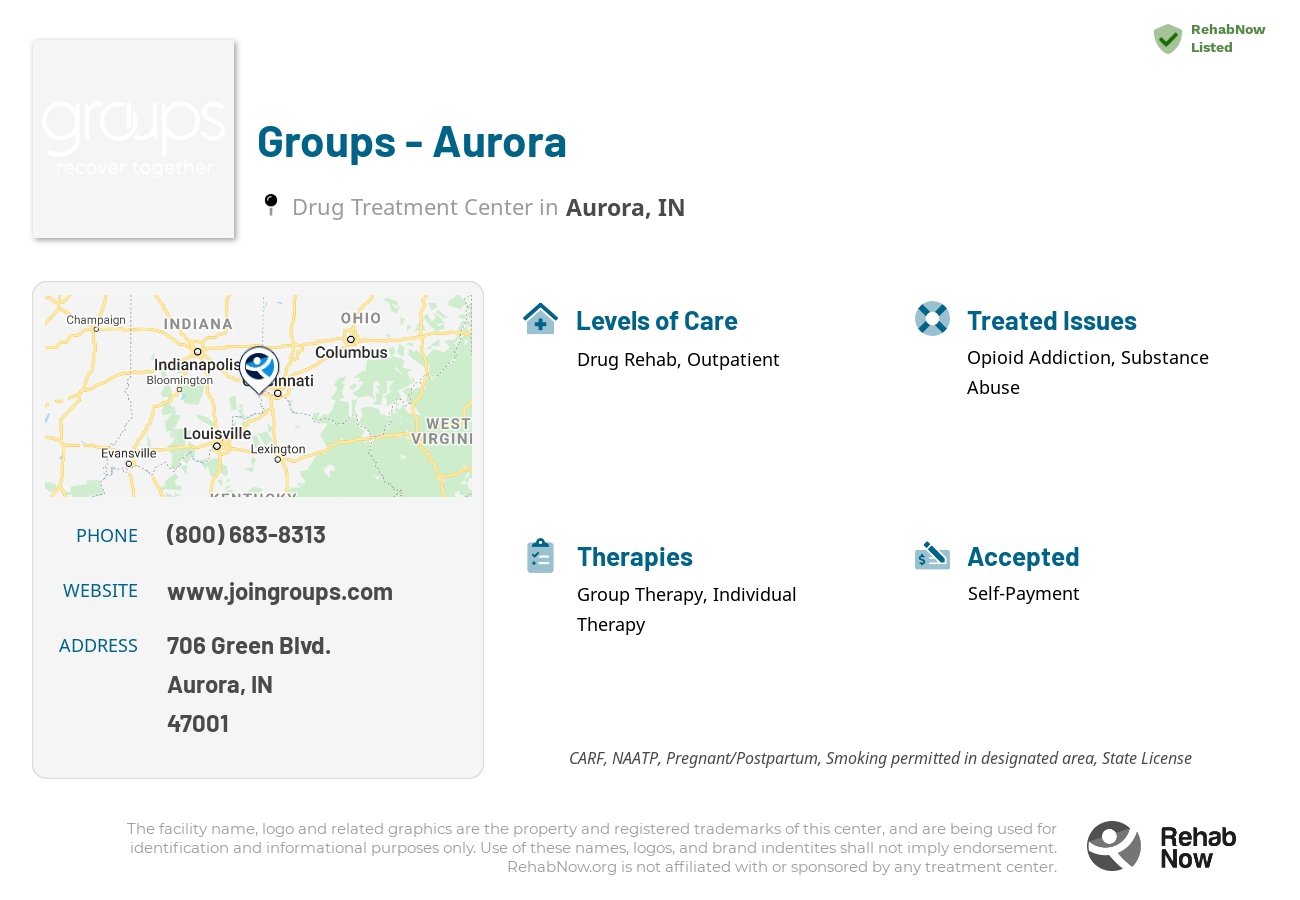Helpful reference information for Groups - Aurora, a drug treatment center in Indiana located at: 706 Green Blvd., Aurora, IN, 47001, including phone numbers, official website, and more. Listed briefly is an overview of Levels of Care, Therapies Offered, Issues Treated, and accepted forms of Payment Methods.