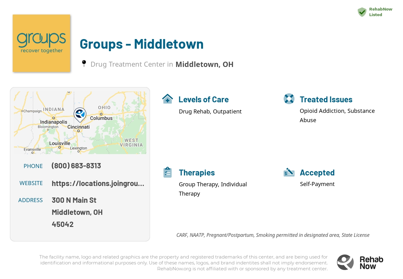 Helpful reference information for Groups - Middletown, a drug treatment center in Ohio located at: 300 N Main St, Middletown, OH 45042, including phone numbers, official website, and more. Listed briefly is an overview of Levels of Care, Therapies Offered, Issues Treated, and accepted forms of Payment Methods.