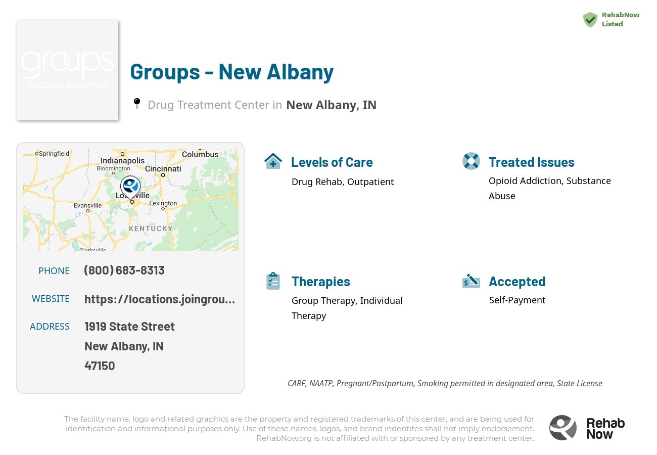 Helpful reference information for Groups - New Albany, a drug treatment center in Indiana located at: 1919 State Street, New Albany, IN, 47150, including phone numbers, official website, and more. Listed briefly is an overview of Levels of Care, Therapies Offered, Issues Treated, and accepted forms of Payment Methods.