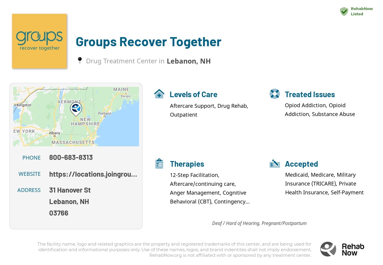 Helpful reference information for Groups Recover Together, a drug treatment center in New Hampshire located at: 31 Hanover St, Lebanon, NH 03766, including phone numbers, official website, and more. Listed briefly is an overview of Levels of Care, Therapies Offered, Issues Treated, and accepted forms of Payment Methods.