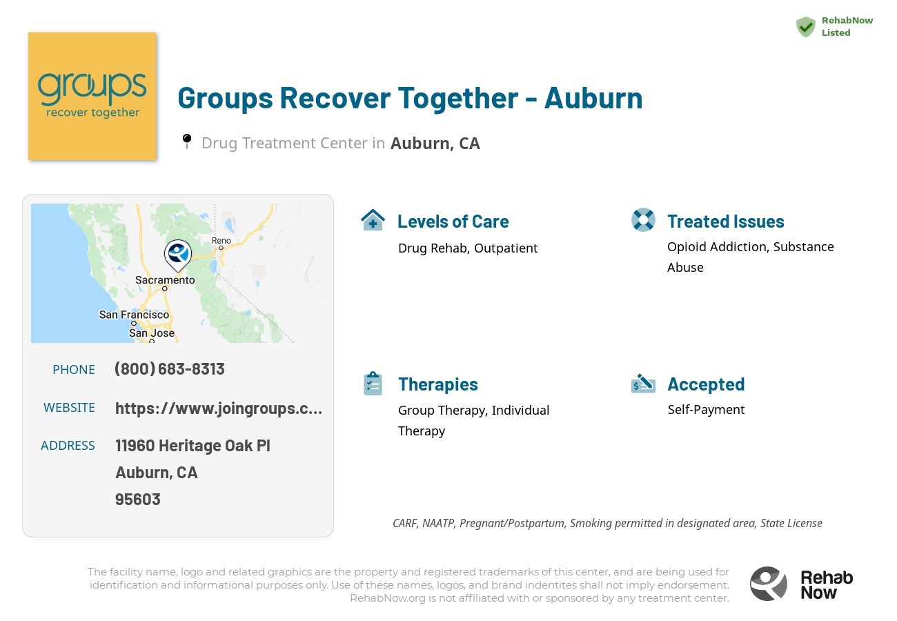 Helpful reference information for Groups Recover Together - Auburn, a drug treatment center in California located at: 11960 Heritage Oak Pl, Auburn, CA 95603, including phone numbers, official website, and more. Listed briefly is an overview of Levels of Care, Therapies Offered, Issues Treated, and accepted forms of Payment Methods.