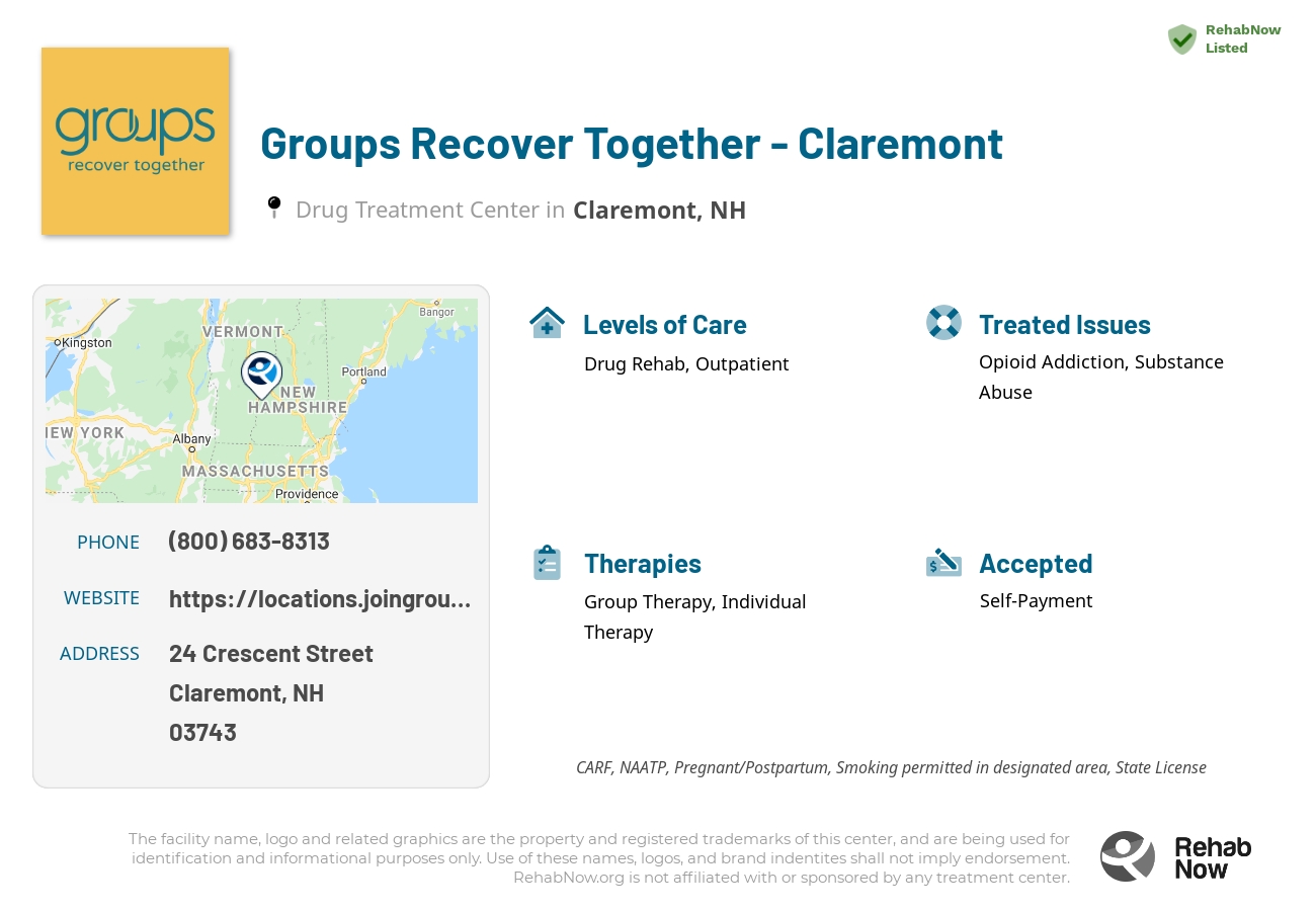 Helpful reference information for Groups Recover Together - Claremont, a drug treatment center in New Hampshire located at: 24 24 Crescent Street, Claremont, NH 3743, including phone numbers, official website, and more. Listed briefly is an overview of Levels of Care, Therapies Offered, Issues Treated, and accepted forms of Payment Methods.