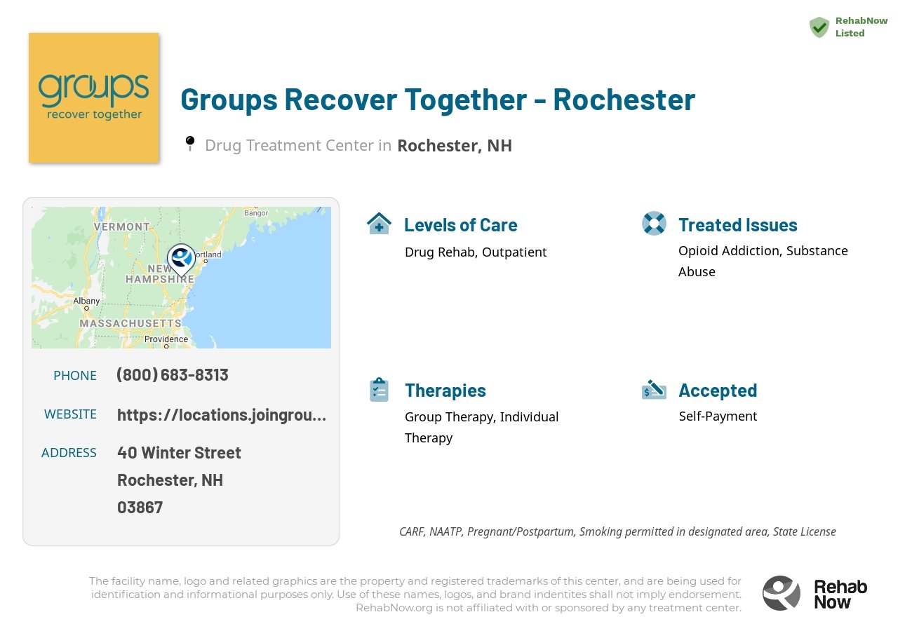 Helpful reference information for Groups Recover Together - Rochester, a drug treatment center in New Hampshire located at: 40 40 Winter Street, Rochester, NH 3867, including phone numbers, official website, and more. Listed briefly is an overview of Levels of Care, Therapies Offered, Issues Treated, and accepted forms of Payment Methods.