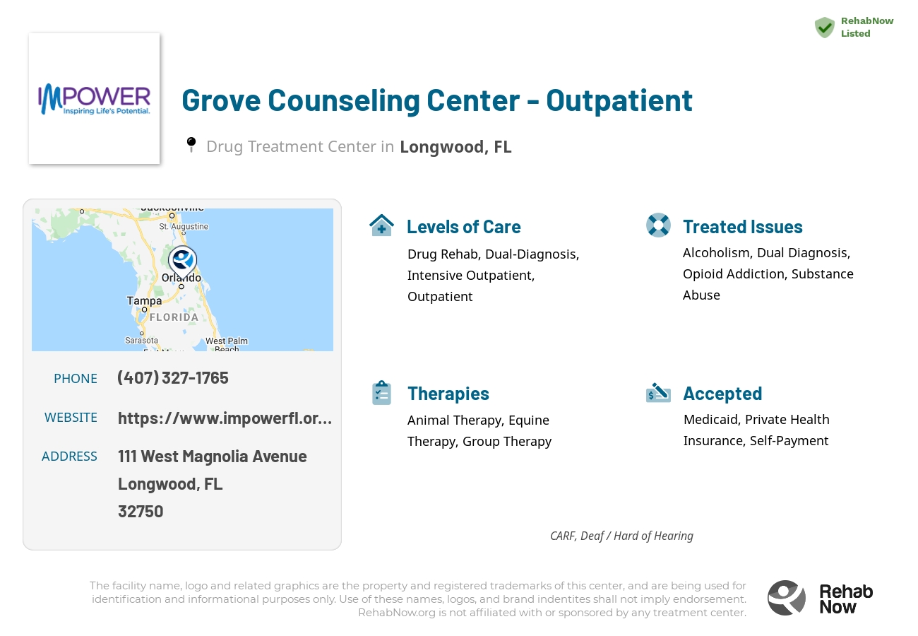 Helpful reference information for Grove Counseling Center - Outpatient, a drug treatment center in Florida located at: 111 West Magnolia Avenue, Longwood, FL, 32750, including phone numbers, official website, and more. Listed briefly is an overview of Levels of Care, Therapies Offered, Issues Treated, and accepted forms of Payment Methods.