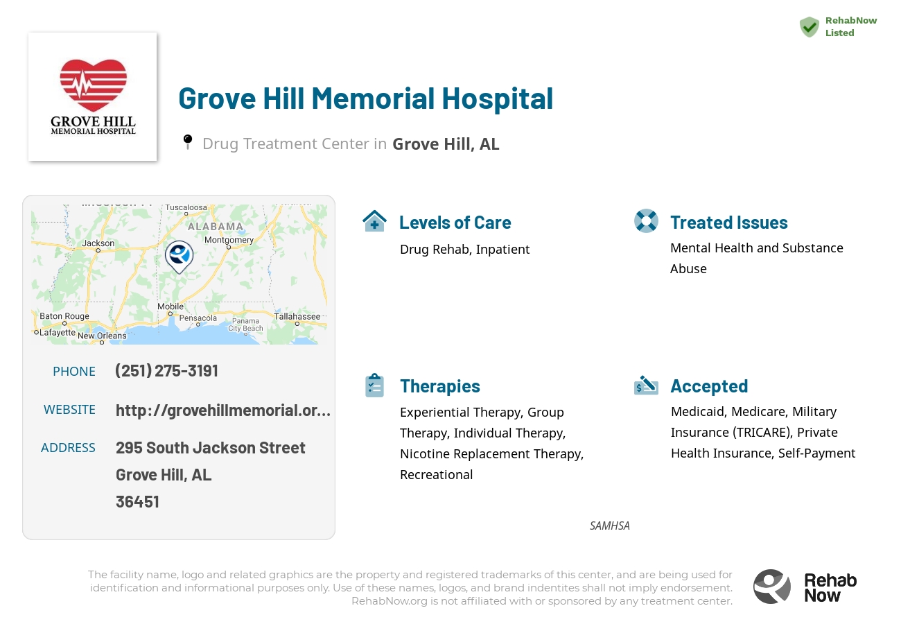 Helpful reference information for Grove Hill Memorial Hospital, a drug treatment center in Alabama located at: 295 South Jackson Street, Grove Hill, AL, 36451, including phone numbers, official website, and more. Listed briefly is an overview of Levels of Care, Therapies Offered, Issues Treated, and accepted forms of Payment Methods.