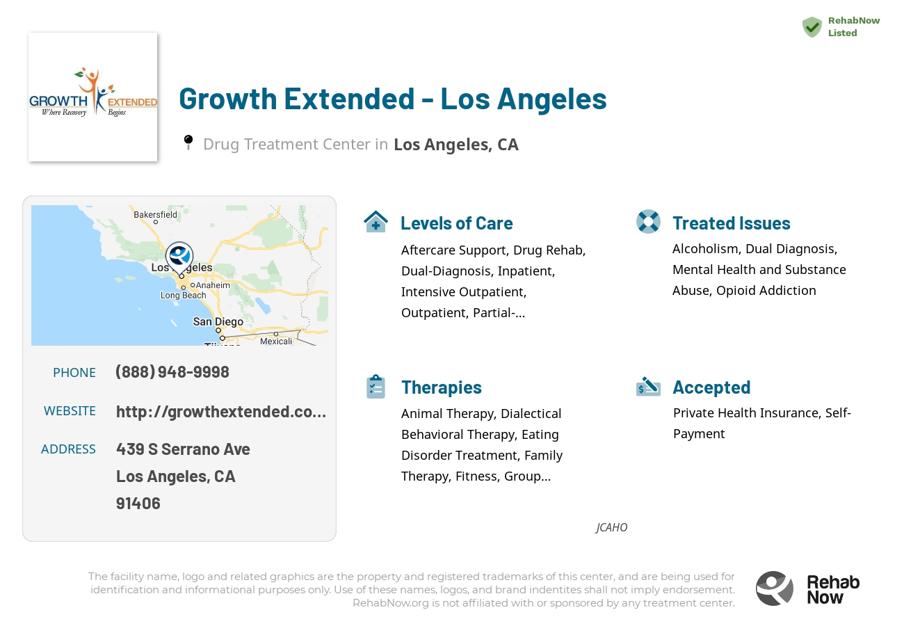 Helpful reference information for Growth Extended - Los Angeles, a drug treatment center in California located at: 439 S Serrano Ave, Los Angeles, CA, 91406, including phone numbers, official website, and more. Listed briefly is an overview of Levels of Care, Therapies Offered, Issues Treated, and accepted forms of Payment Methods.