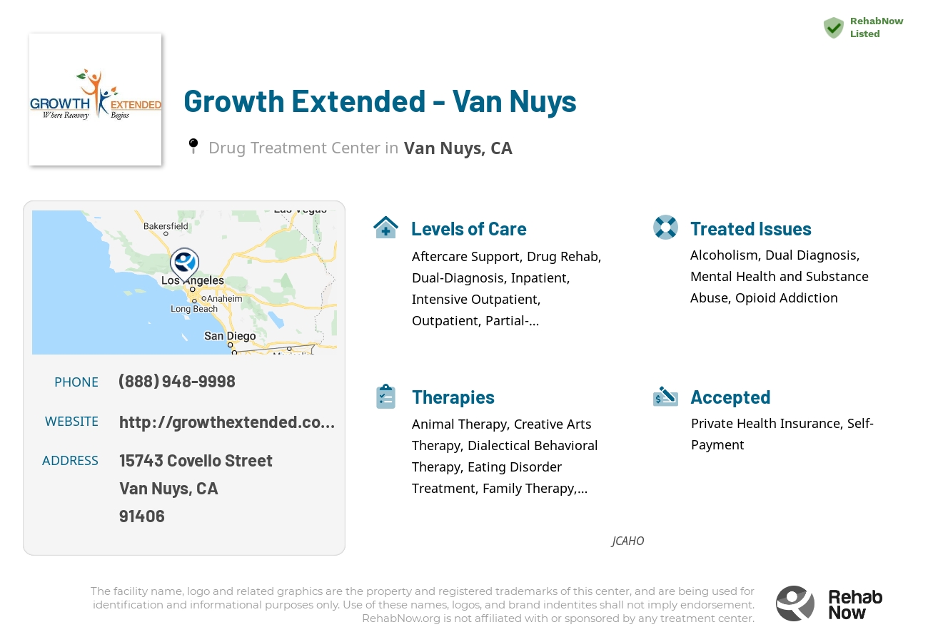 Helpful reference information for Growth Extended - Van Nuys, a drug treatment center in California located at: 15743 Covello Street, Van Nuys, CA, 91406, including phone numbers, official website, and more. Listed briefly is an overview of Levels of Care, Therapies Offered, Issues Treated, and accepted forms of Payment Methods.