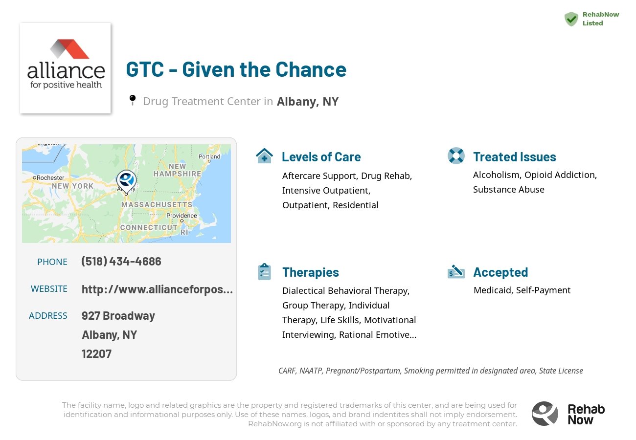 Helpful reference information for GTC - Given the Chance, a drug treatment center in New York located at: 927 Broadway, Albany, NY 12207, including phone numbers, official website, and more. Listed briefly is an overview of Levels of Care, Therapies Offered, Issues Treated, and accepted forms of Payment Methods.