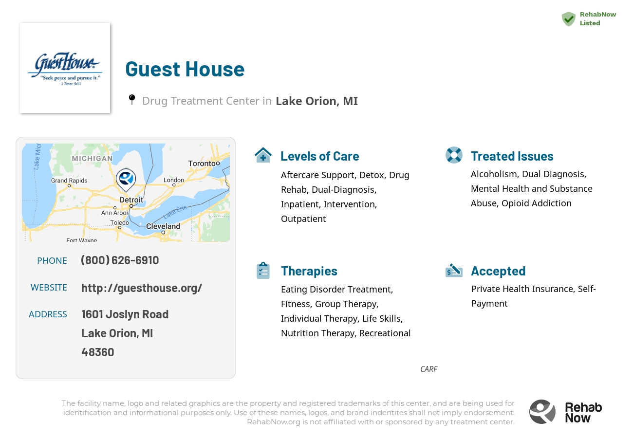 Helpful reference information for Guest House, a drug treatment center in Michigan located at: 1601 Joslyn Road, Lake Orion, MI, 48360, including phone numbers, official website, and more. Listed briefly is an overview of Levels of Care, Therapies Offered, Issues Treated, and accepted forms of Payment Methods.