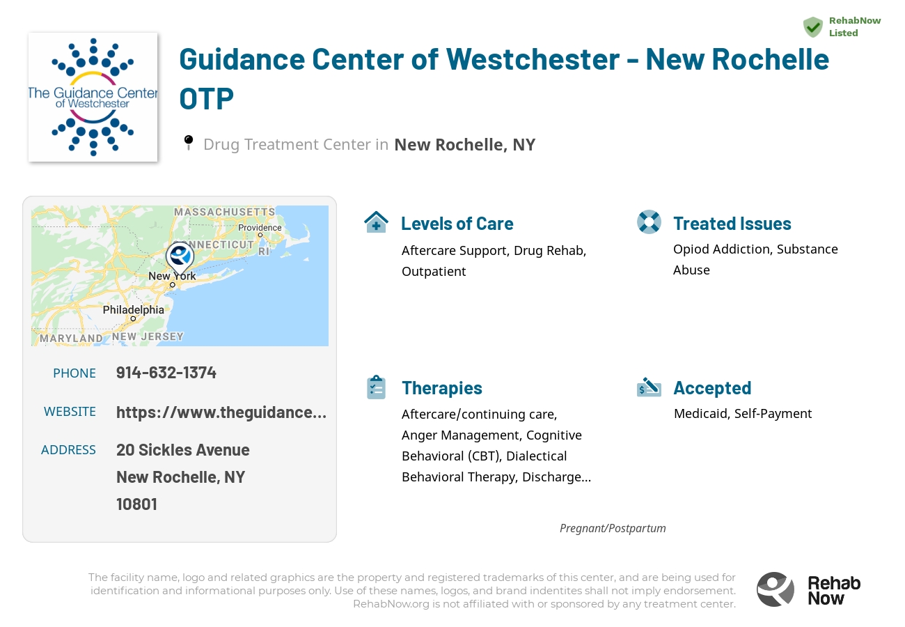 Helpful reference information for Guidance Center of Westchester - New Rochelle OTP, a drug treatment center in New York located at: 20 Sickles Avenue, New Rochelle, NY 10801, including phone numbers, official website, and more. Listed briefly is an overview of Levels of Care, Therapies Offered, Issues Treated, and accepted forms of Payment Methods.
