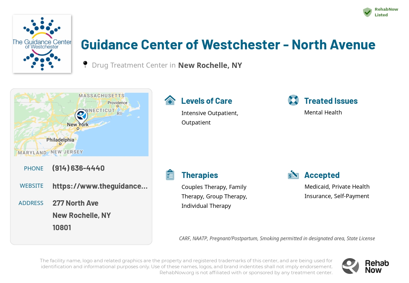 Helpful reference information for Guidance Center of Westchester - North Avenue, a drug treatment center in New York located at: 277 North Ave, New Rochelle, NY 10801, including phone numbers, official website, and more. Listed briefly is an overview of Levels of Care, Therapies Offered, Issues Treated, and accepted forms of Payment Methods.