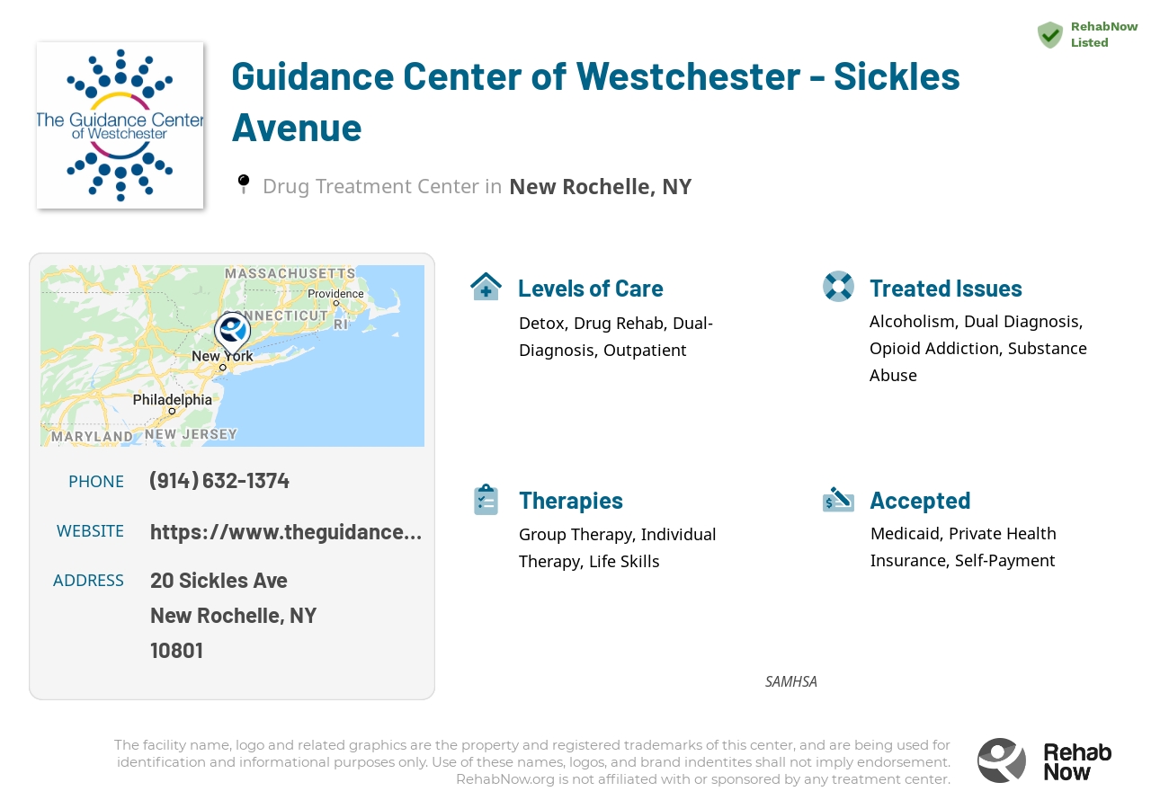 Helpful reference information for Guidance Center of Westchester - Sickles Avenue, a drug treatment center in New York located at: 20 Sickles Ave, New Rochelle, NY 10801, including phone numbers, official website, and more. Listed briefly is an overview of Levels of Care, Therapies Offered, Issues Treated, and accepted forms of Payment Methods.