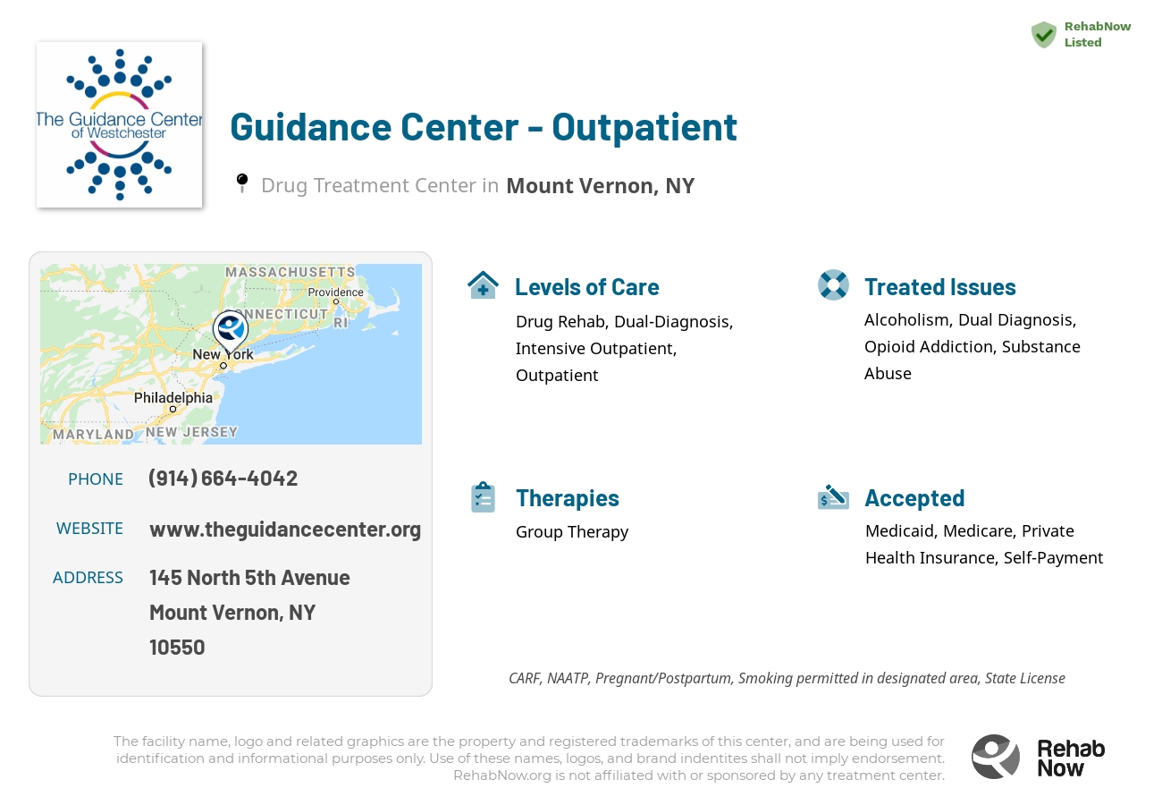 Helpful reference information for Guidance Center - Outpatient, a drug treatment center in New York located at: 145 North 5th Avenue, Mount Vernon, NY, 10550, including phone numbers, official website, and more. Listed briefly is an overview of Levels of Care, Therapies Offered, Issues Treated, and accepted forms of Payment Methods.