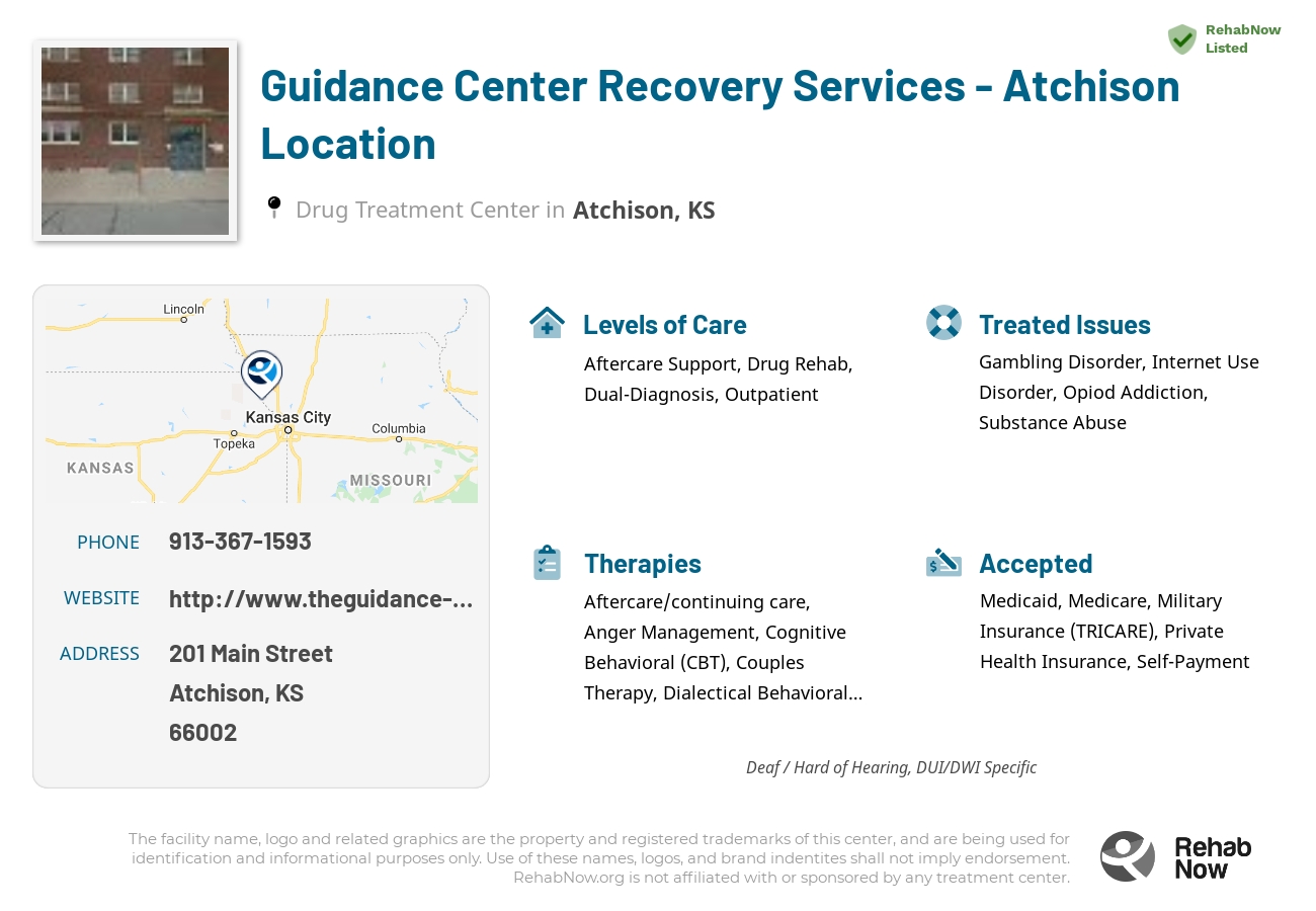 Helpful reference information for Guidance Center Recovery Services - Atchison Location, a drug treatment center in Kansas located at: 201 Main Street, Atchison, KS 66002, including phone numbers, official website, and more. Listed briefly is an overview of Levels of Care, Therapies Offered, Issues Treated, and accepted forms of Payment Methods.