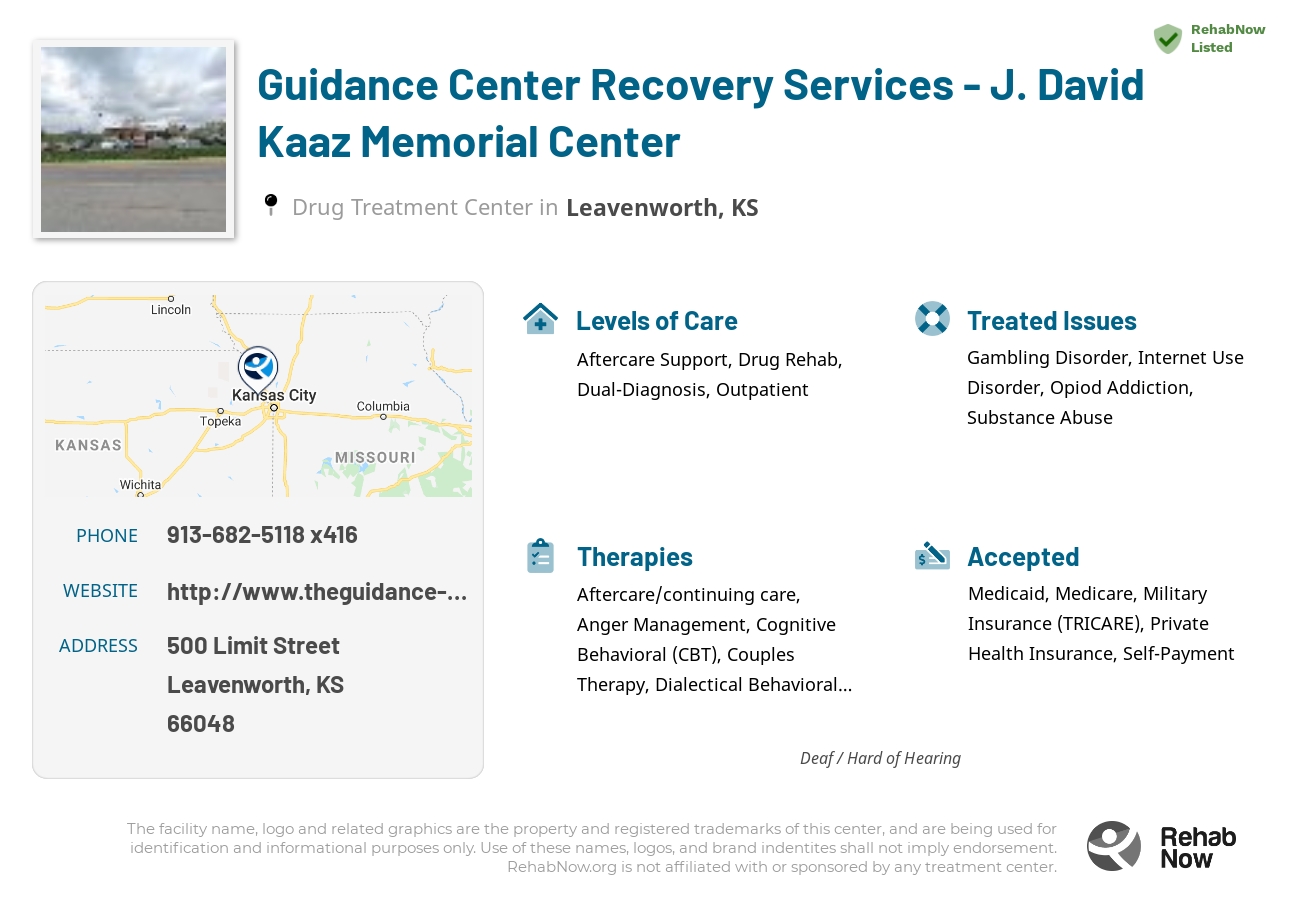 Helpful reference information for Guidance Center Recovery Services - J. David Kaaz Memorial Center, a drug treatment center in Kansas located at: 500 Limit Street, Leavenworth, KS 66048, including phone numbers, official website, and more. Listed briefly is an overview of Levels of Care, Therapies Offered, Issues Treated, and accepted forms of Payment Methods.