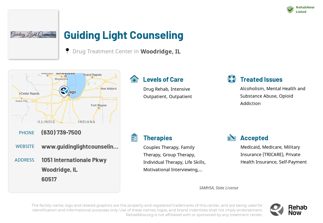 Helpful reference information for Guiding Light Counseling, a drug treatment center in Illinois located at: 1051 Internationale Pkwy, Woodridge, IL 60517, including phone numbers, official website, and more. Listed briefly is an overview of Levels of Care, Therapies Offered, Issues Treated, and accepted forms of Payment Methods.
