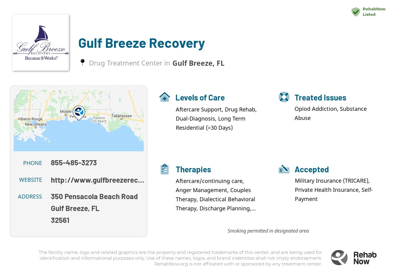 Helpful reference information for Gulf Breeze Recovery, a drug treatment center in Florida located at: 350 Pensacola Beach Road, Gulf Breeze, FL 32561, including phone numbers, official website, and more. Listed briefly is an overview of Levels of Care, Therapies Offered, Issues Treated, and accepted forms of Payment Methods.