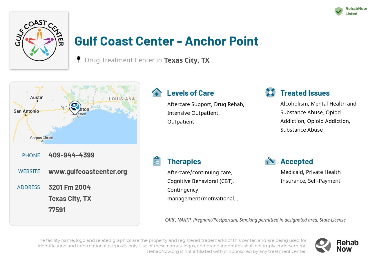 Helpful reference information for Gulf Coast Center - Anchor Point, a drug treatment center in Texas located at: 3201 Fm 2004, Texas City, TX, 77591, including phone numbers, official website, and more. Listed briefly is an overview of Levels of Care, Therapies Offered, Issues Treated, and accepted forms of Payment Methods.
