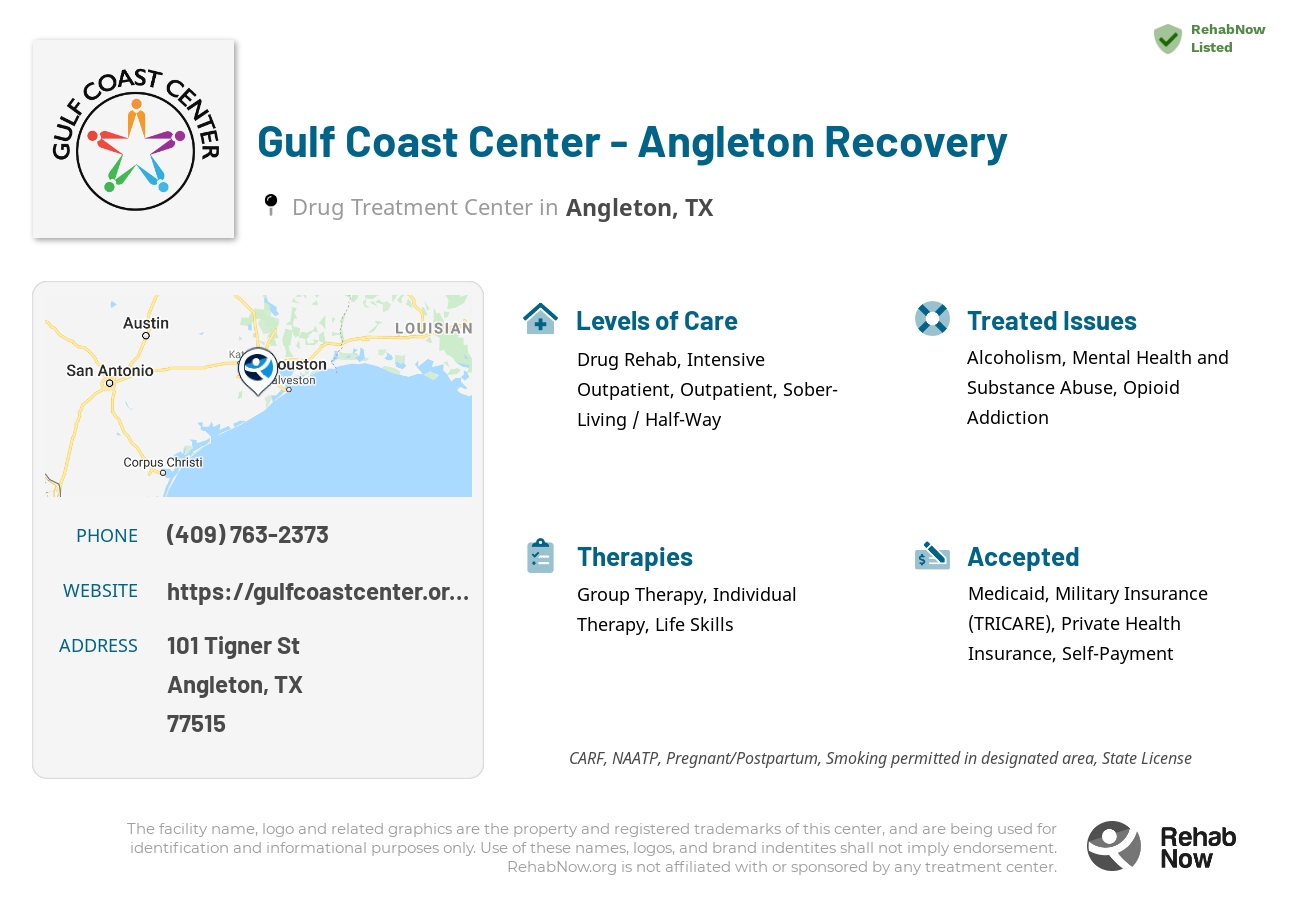 Helpful reference information for Gulf Coast Center - Angleton Recovery, a drug treatment center in Texas located at: 101 Tigner St, Angleton, TX 77515, including phone numbers, official website, and more. Listed briefly is an overview of Levels of Care, Therapies Offered, Issues Treated, and accepted forms of Payment Methods.