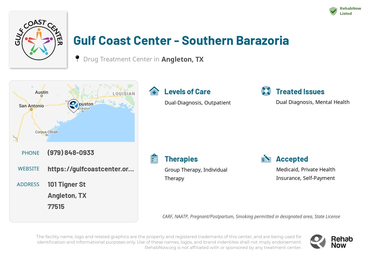 Helpful reference information for Gulf Coast Center - Southern Barazoria, a drug treatment center in Texas located at: 101 Tigner St, Angleton, TX 77515, including phone numbers, official website, and more. Listed briefly is an overview of Levels of Care, Therapies Offered, Issues Treated, and accepted forms of Payment Methods.