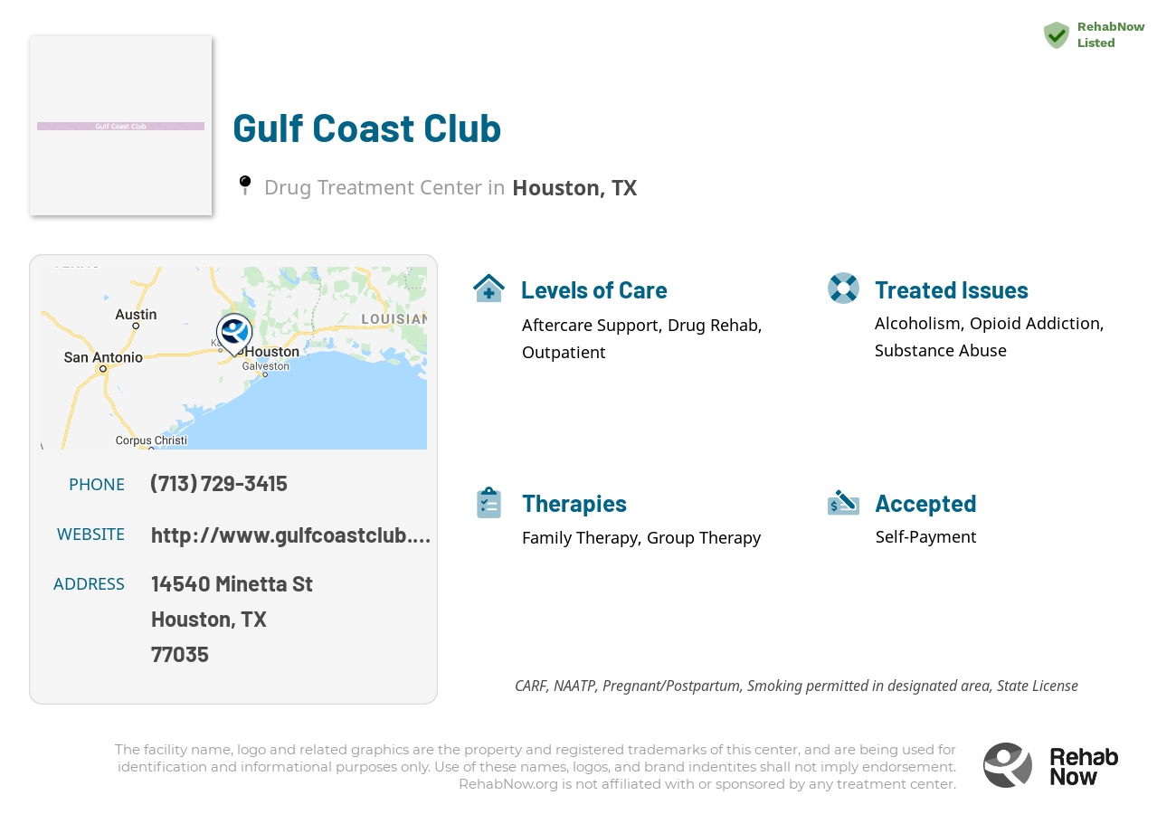 Helpful reference information for Gulf Coast Club, a drug treatment center in Texas located at: 14540 Minetta St, Houston, TX 77035, including phone numbers, official website, and more. Listed briefly is an overview of Levels of Care, Therapies Offered, Issues Treated, and accepted forms of Payment Methods.