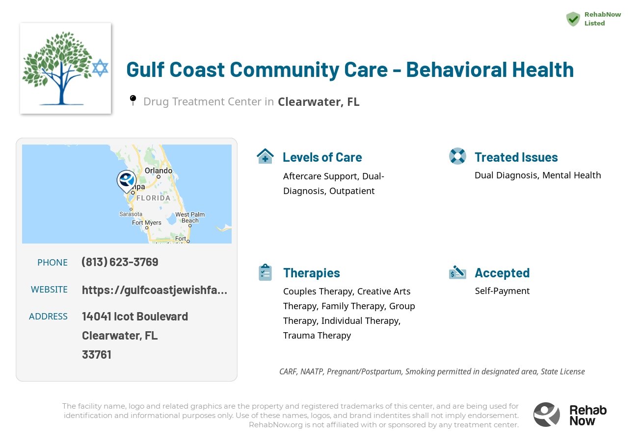 Helpful reference information for Gulf Coast Community Care - Behavioral Health, a drug treatment center in Florida located at: 14041 Icot Boulevard, Clearwater, FL, 33761, including phone numbers, official website, and more. Listed briefly is an overview of Levels of Care, Therapies Offered, Issues Treated, and accepted forms of Payment Methods.