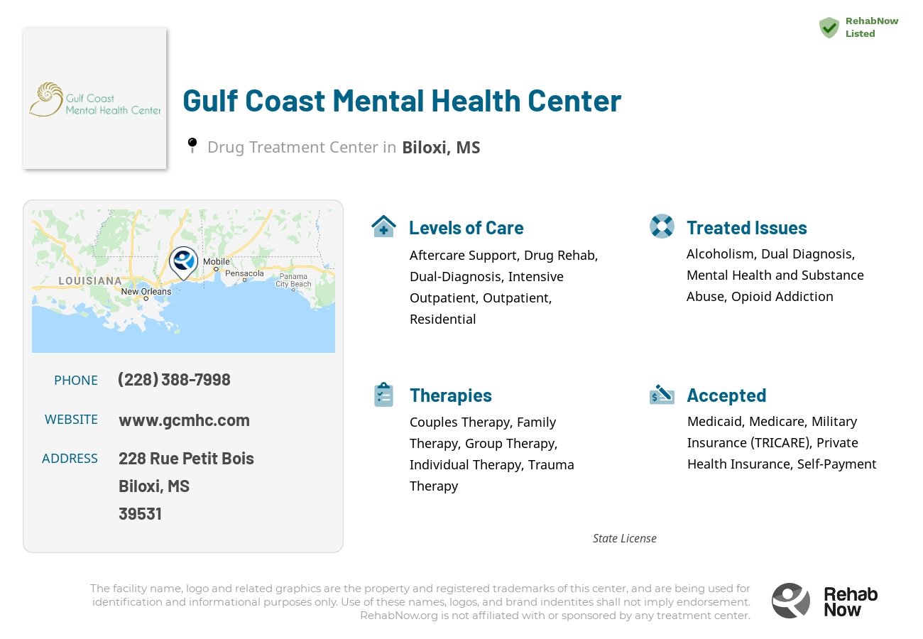 Helpful reference information for Gulf Coast Mental Health Center, a drug treatment center in Mississippi located at: 228 Rue Petit Bois, Biloxi, MS, 39531, including phone numbers, official website, and more. Listed briefly is an overview of Levels of Care, Therapies Offered, Issues Treated, and accepted forms of Payment Methods.
