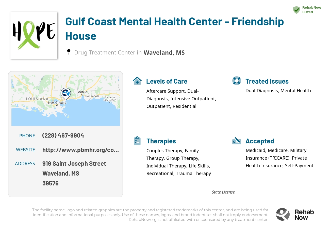Helpful reference information for Gulf Coast Mental Health Center - Friendship House, a drug treatment center in Mississippi located at: 919 919 Saint Joseph Street, Waveland, MS 39576, including phone numbers, official website, and more. Listed briefly is an overview of Levels of Care, Therapies Offered, Issues Treated, and accepted forms of Payment Methods.