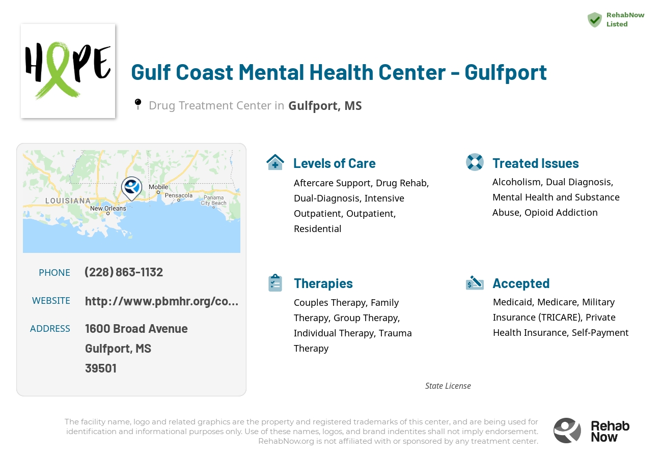 Helpful reference information for Gulf Coast Mental Health Center - Gulfport, a drug treatment center in Mississippi located at: 1600 1600 Broad Avenue, Gulfport, MS 39501, including phone numbers, official website, and more. Listed briefly is an overview of Levels of Care, Therapies Offered, Issues Treated, and accepted forms of Payment Methods.