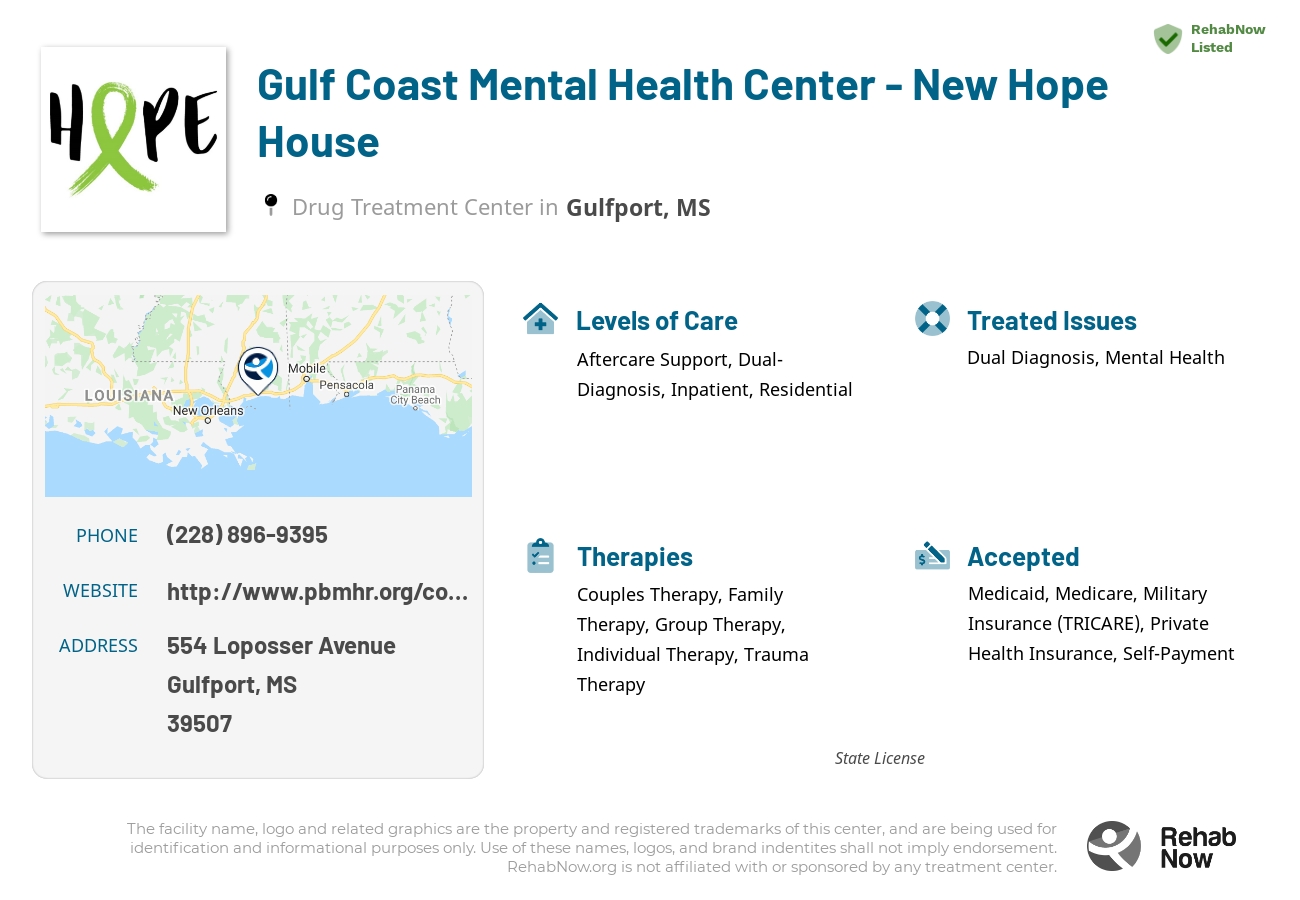 Helpful reference information for Gulf Coast Mental Health Center - New Hope House, a drug treatment center in Mississippi located at: 554 554 Loposser Avenue, Gulfport, MS 39507, including phone numbers, official website, and more. Listed briefly is an overview of Levels of Care, Therapies Offered, Issues Treated, and accepted forms of Payment Methods.