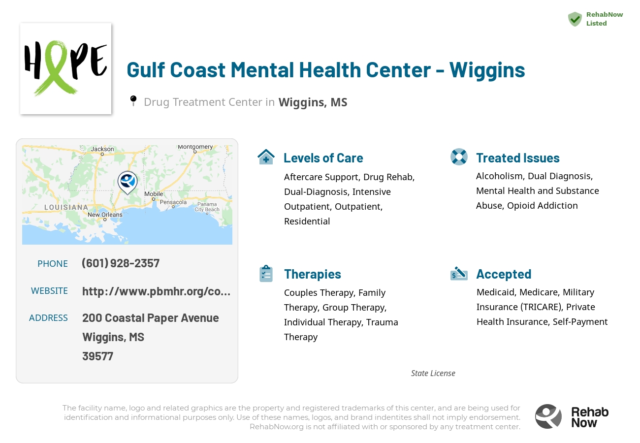 Helpful reference information for Gulf Coast Mental Health Center - Wiggins, a drug treatment center in Mississippi located at: 200 200 Coastal Paper Avenue, Wiggins, MS 39577, including phone numbers, official website, and more. Listed briefly is an overview of Levels of Care, Therapies Offered, Issues Treated, and accepted forms of Payment Methods.