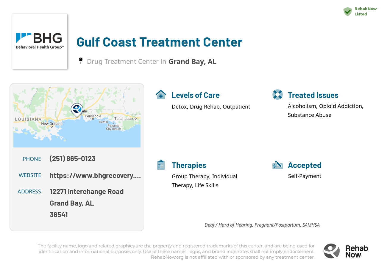 Helpful reference information for Gulf Coast Treatment Center, a drug treatment center in Alabama located at: 12271 Interchange Road, Grand Bay, AL, 36541, including phone numbers, official website, and more. Listed briefly is an overview of Levels of Care, Therapies Offered, Issues Treated, and accepted forms of Payment Methods.