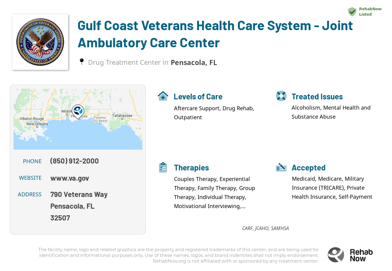 Helpful reference information for Gulf Coast Veterans Health Care System - Joint Ambulatory Care Center, a drug treatment center in Florida located at: 790 Veterans Way, Pensacola, FL, 32507, including phone numbers, official website, and more. Listed briefly is an overview of Levels of Care, Therapies Offered, Issues Treated, and accepted forms of Payment Methods.