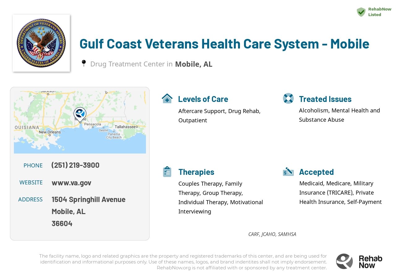 Helpful reference information for Gulf Coast Veterans Health Care System - Mobile, a drug treatment center in Alabama located at: 1504 Springhill Avenue, Mobile, AL, 36604, including phone numbers, official website, and more. Listed briefly is an overview of Levels of Care, Therapies Offered, Issues Treated, and accepted forms of Payment Methods.