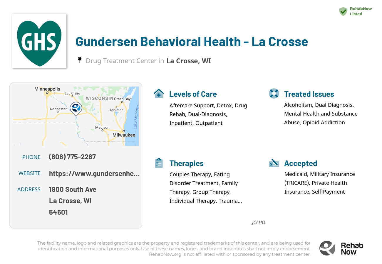 Helpful reference information for Gundersen Behavioral Health - La Crosse, a drug treatment center in Wisconsin located at: 1900 South Ave, La Crosse, WI 54601, including phone numbers, official website, and more. Listed briefly is an overview of Levels of Care, Therapies Offered, Issues Treated, and accepted forms of Payment Methods.