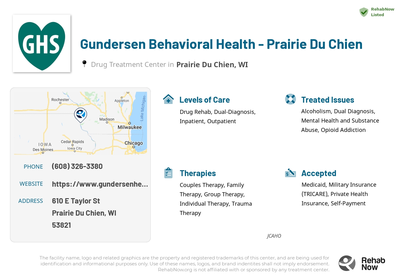 Helpful reference information for Gundersen Behavioral Health - Prairie Du Chien, a drug treatment center in Wisconsin located at: 610 E Taylor St, Prairie Du Chien, WI 53821, including phone numbers, official website, and more. Listed briefly is an overview of Levels of Care, Therapies Offered, Issues Treated, and accepted forms of Payment Methods.