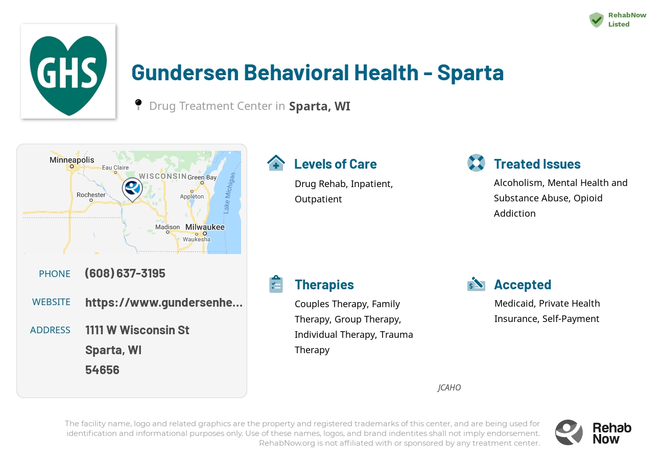 Helpful reference information for Gundersen Behavioral Health - Sparta, a drug treatment center in Wisconsin located at: 1111 W Wisconsin St, Sparta, WI 54656, including phone numbers, official website, and more. Listed briefly is an overview of Levels of Care, Therapies Offered, Issues Treated, and accepted forms of Payment Methods.