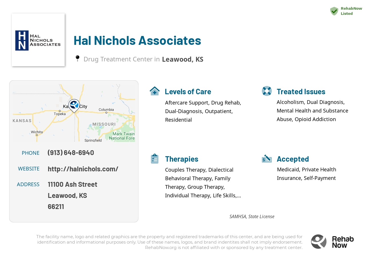 Helpful reference information for Hal Nichols Associates, a drug treatment center in Kansas located at: 11100 Ash Street, Leawood, KS, 66211, including phone numbers, official website, and more. Listed briefly is an overview of Levels of Care, Therapies Offered, Issues Treated, and accepted forms of Payment Methods.