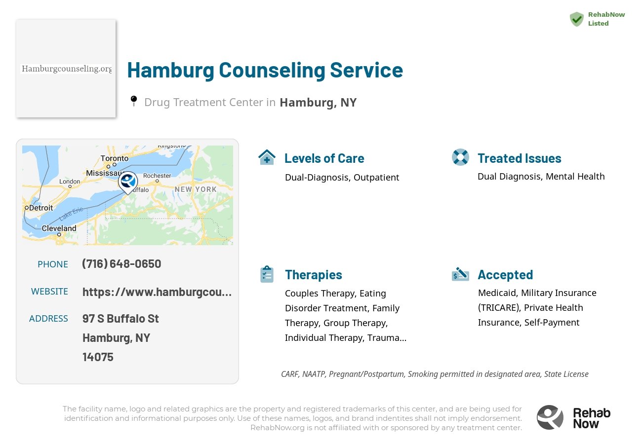 Helpful reference information for Hamburg Counseling Service, a drug treatment center in New York located at: 97 S Buffalo St, Hamburg, NY 14075, including phone numbers, official website, and more. Listed briefly is an overview of Levels of Care, Therapies Offered, Issues Treated, and accepted forms of Payment Methods.
