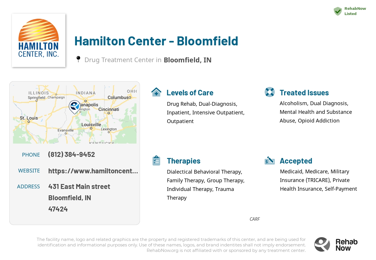 Helpful reference information for Hamilton Center - Bloomfield, a drug treatment center in Indiana located at: 431 East Main street, Bloomfield, IN, 47424, including phone numbers, official website, and more. Listed briefly is an overview of Levels of Care, Therapies Offered, Issues Treated, and accepted forms of Payment Methods.