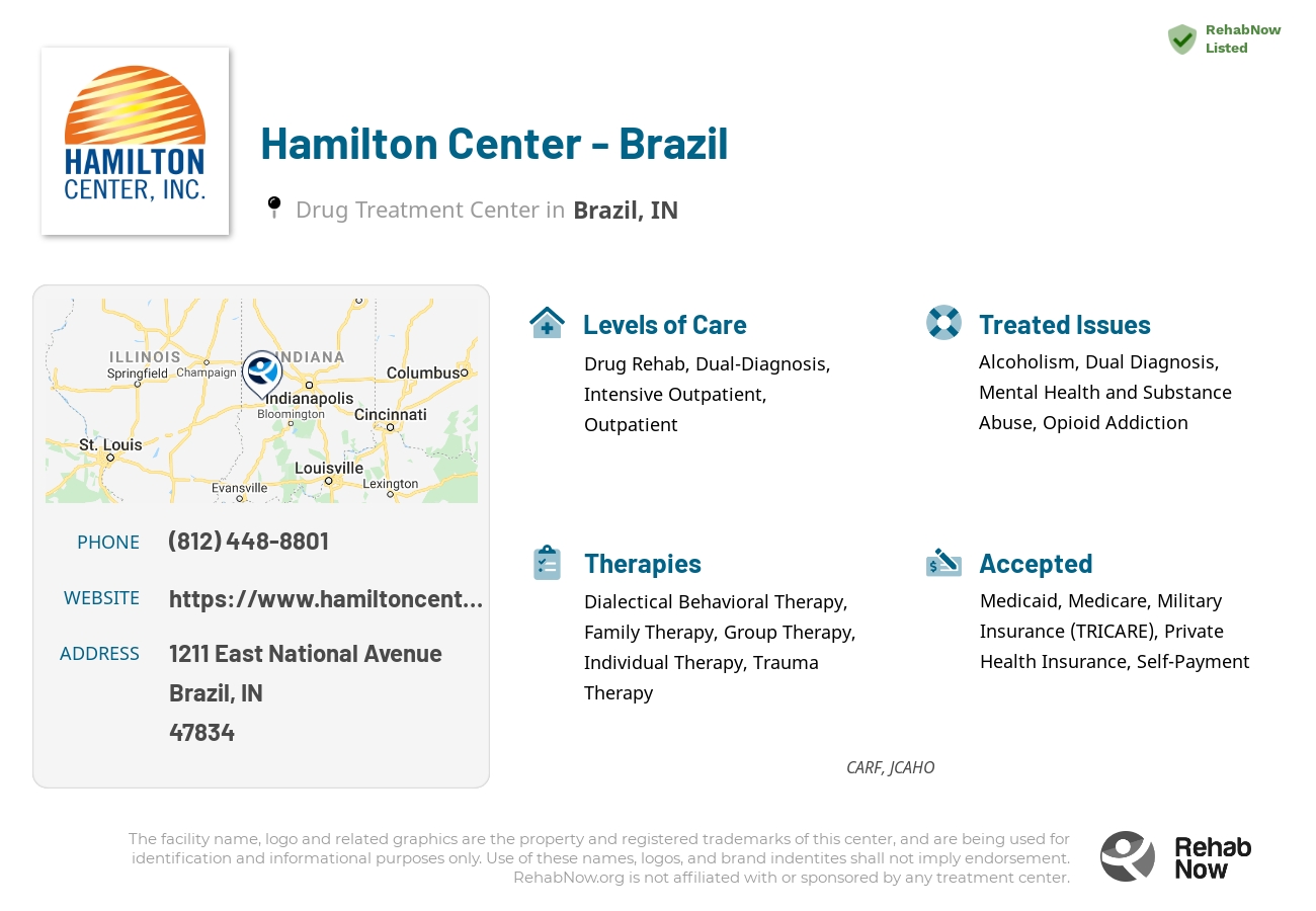 Helpful reference information for Hamilton Center - Brazil, a drug treatment center in Indiana located at: 1211 East National Avenue, Brazil, IN, 47834, including phone numbers, official website, and more. Listed briefly is an overview of Levels of Care, Therapies Offered, Issues Treated, and accepted forms of Payment Methods.