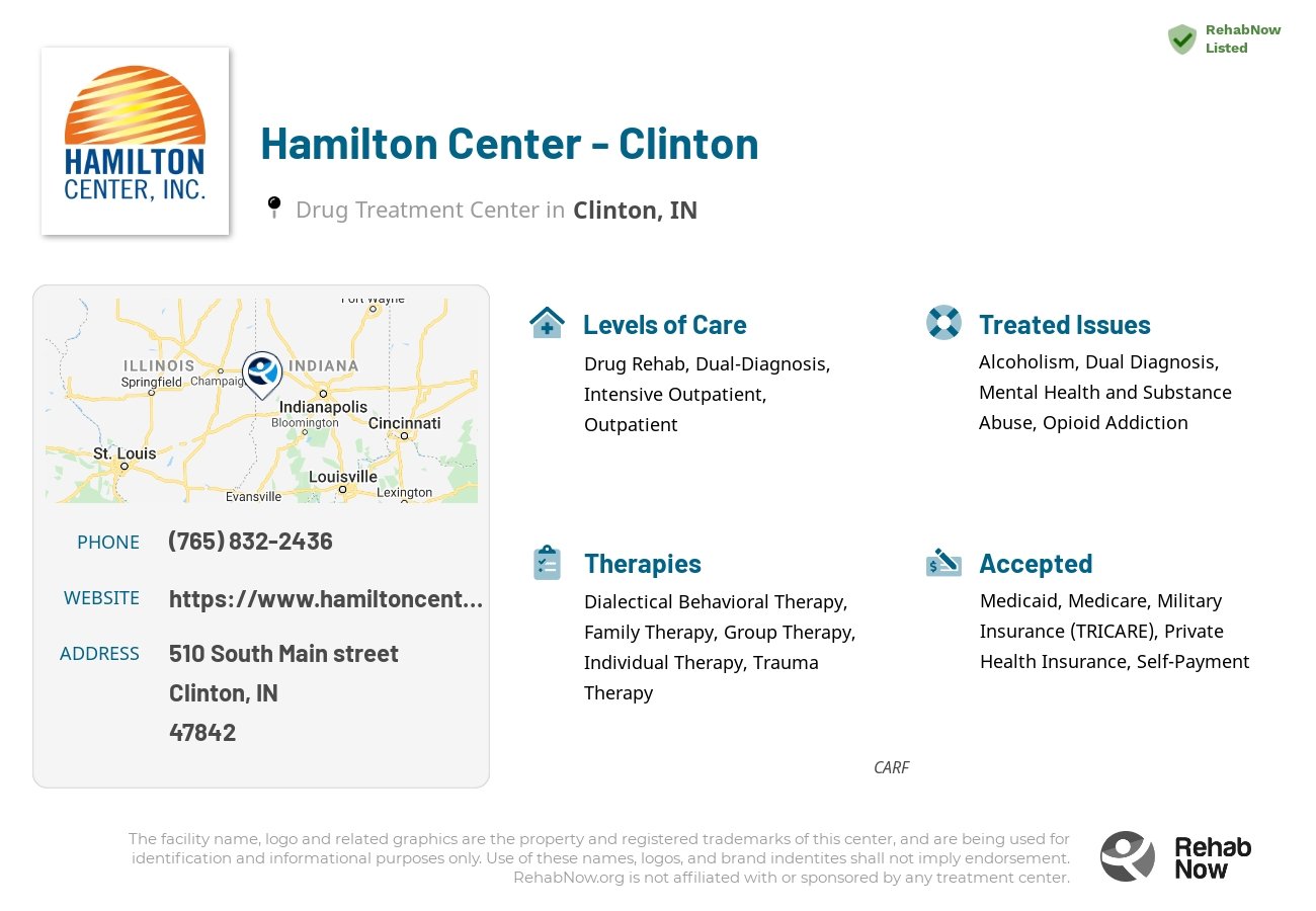 Helpful reference information for Hamilton Center - Clinton, a drug treatment center in Indiana located at: 510 South Main street, Clinton, IN, 47842, including phone numbers, official website, and more. Listed briefly is an overview of Levels of Care, Therapies Offered, Issues Treated, and accepted forms of Payment Methods.