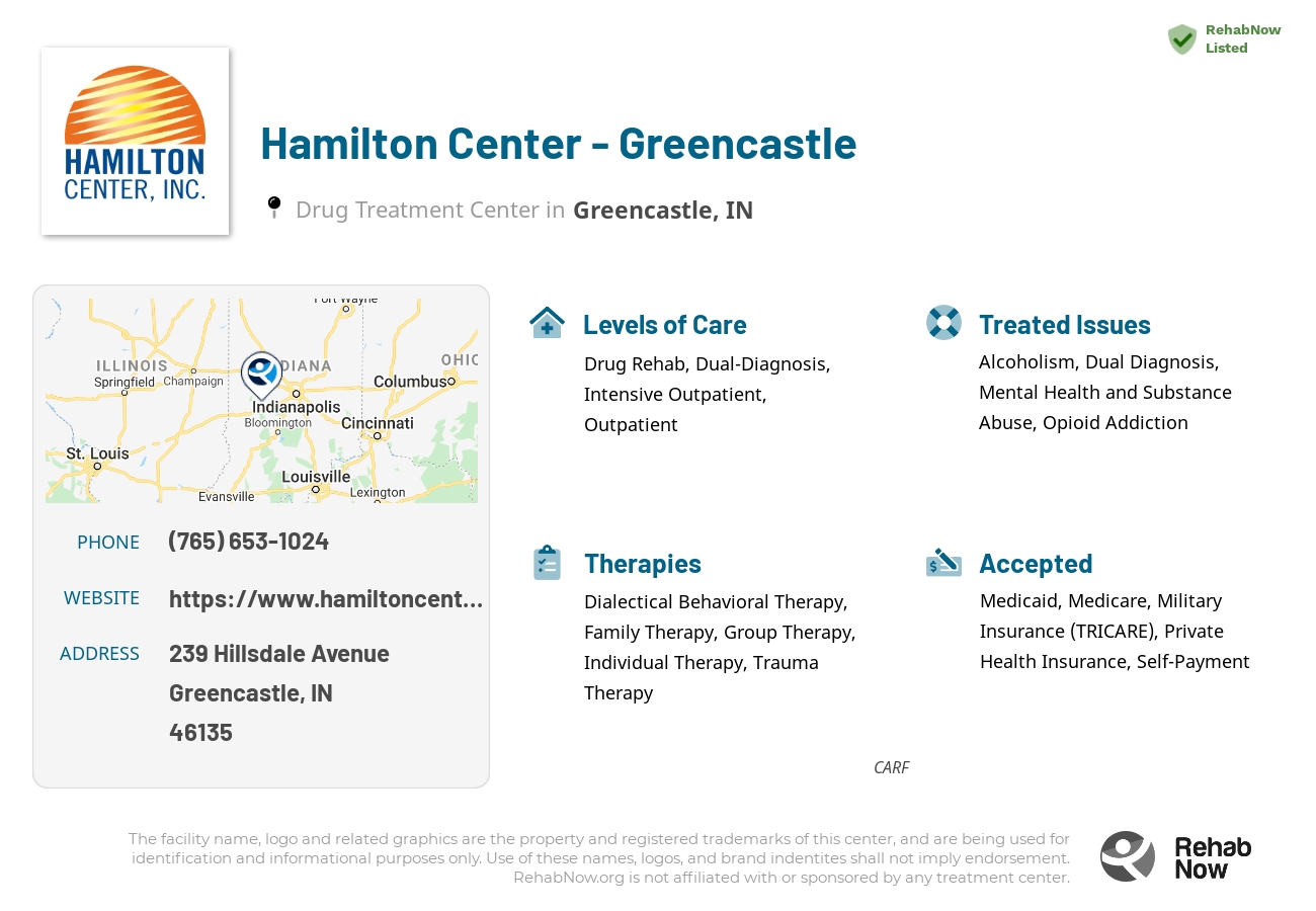 Helpful reference information for Hamilton Center - Greencastle, a drug treatment center in Indiana located at: 239 Hillsdale Avenue, Greencastle, IN, 46135, including phone numbers, official website, and more. Listed briefly is an overview of Levels of Care, Therapies Offered, Issues Treated, and accepted forms of Payment Methods.