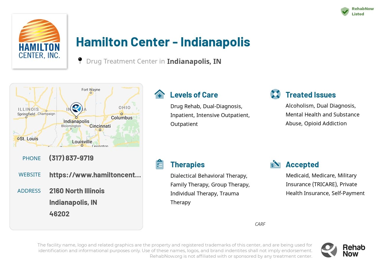 Helpful reference information for Hamilton Center - Indianapolis, a drug treatment center in Indiana located at: 2160 North Illinois, Indianapolis, IN, 46202, including phone numbers, official website, and more. Listed briefly is an overview of Levels of Care, Therapies Offered, Issues Treated, and accepted forms of Payment Methods.