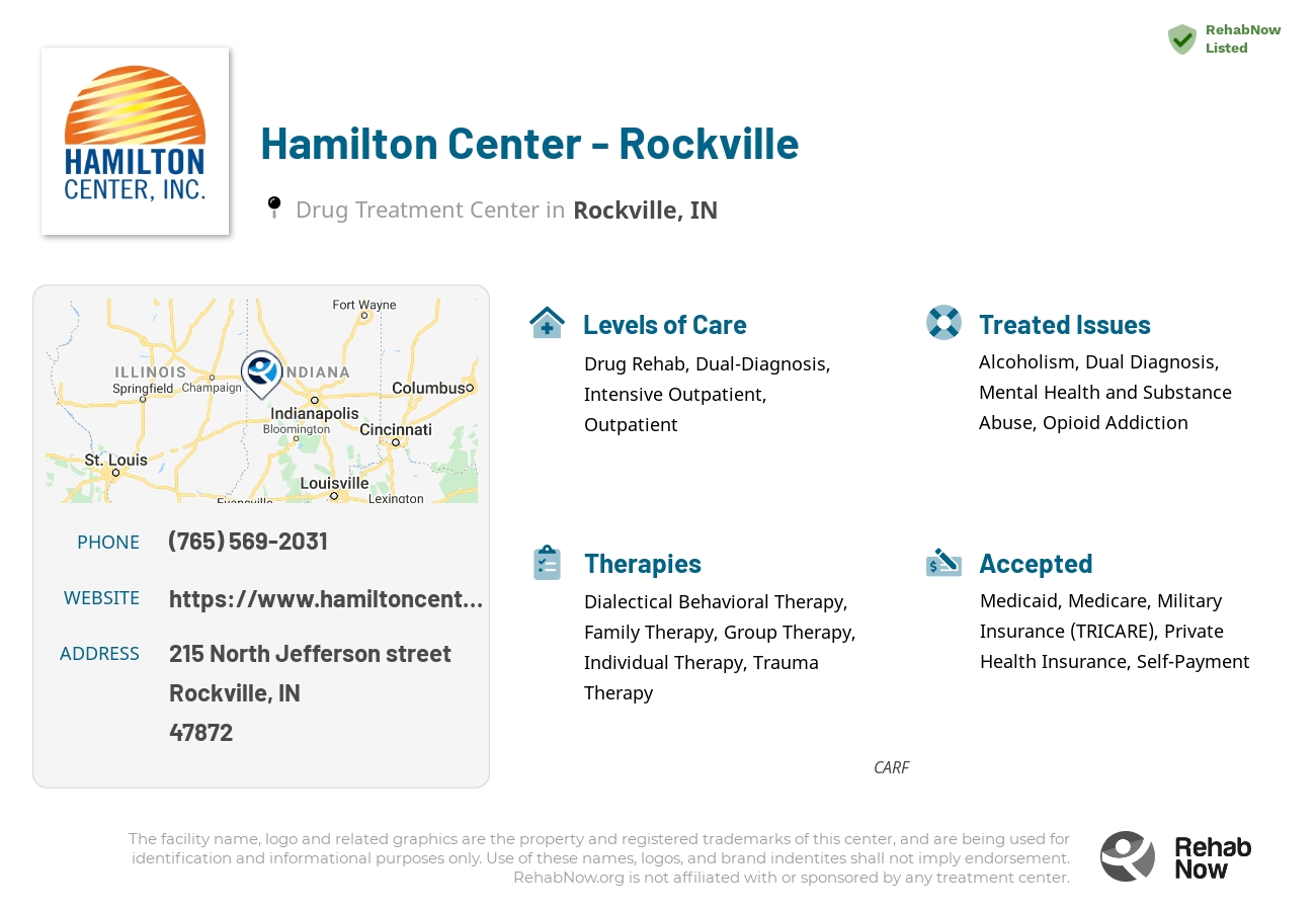 Helpful reference information for Hamilton Center - Rockville, a drug treatment center in Indiana located at: 215 North Jefferson street, Rockville, IN, 47872, including phone numbers, official website, and more. Listed briefly is an overview of Levels of Care, Therapies Offered, Issues Treated, and accepted forms of Payment Methods.
