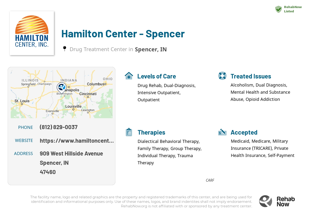 Helpful reference information for Hamilton Center - Spencer, a drug treatment center in Indiana located at: 909 West Hillside Avenue, Spencer, IN, 47460, including phone numbers, official website, and more. Listed briefly is an overview of Levels of Care, Therapies Offered, Issues Treated, and accepted forms of Payment Methods.