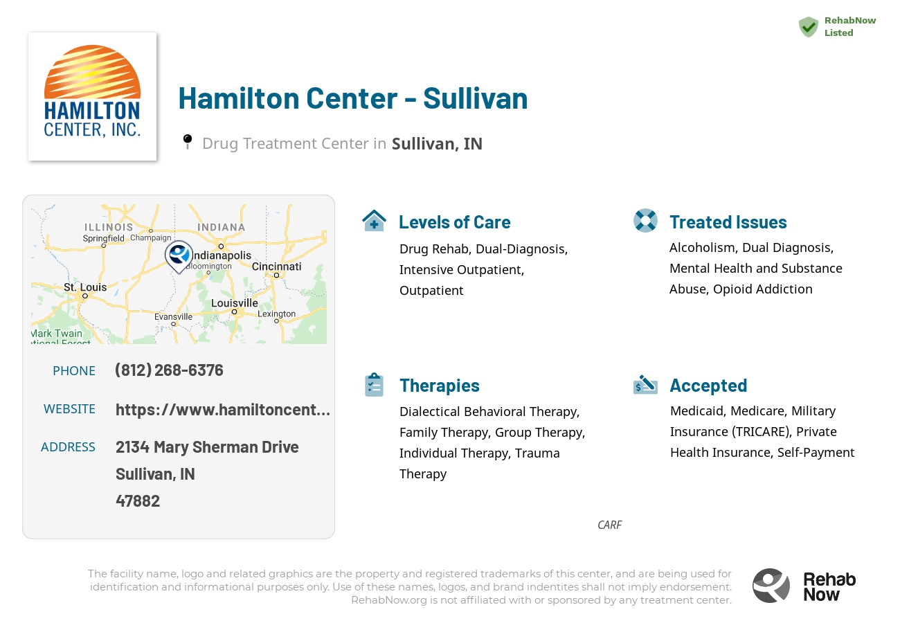 Helpful reference information for Hamilton Center - Sullivan, a drug treatment center in Indiana located at: 2134 Mary Sherman Drive, Sullivan, IN, 47882, including phone numbers, official website, and more. Listed briefly is an overview of Levels of Care, Therapies Offered, Issues Treated, and accepted forms of Payment Methods.